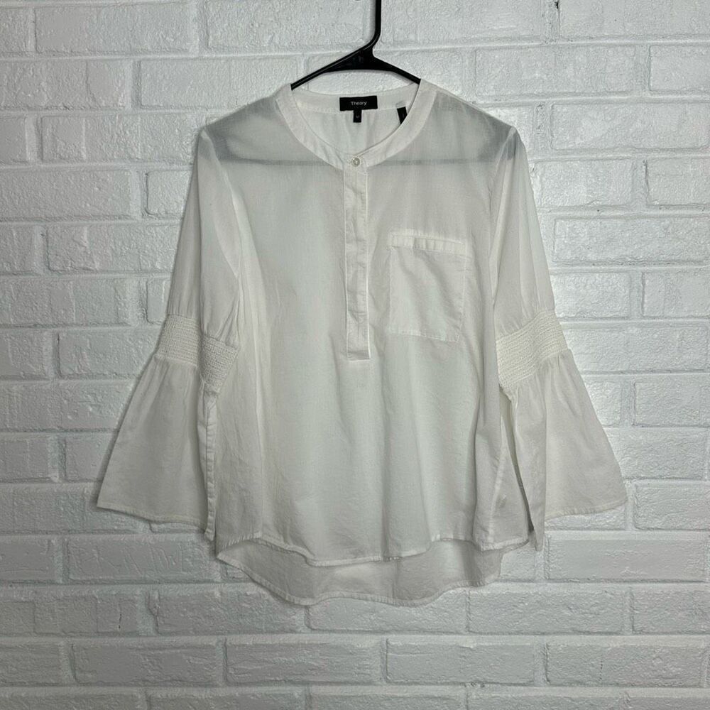 Theory Flare Sleeve Smocked Popover Blouse White Cotton Voile‎ size Medium